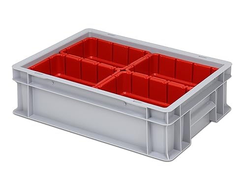 Einsatzkasten Einteilungs-Set für Eurobehälter, Schubladen mit Innenmaß 362x262 mm (LxB), 102 mm hoch, verschiedene Größen/Farben (4er Set inkl. Box, rot) von 1a-TopStore