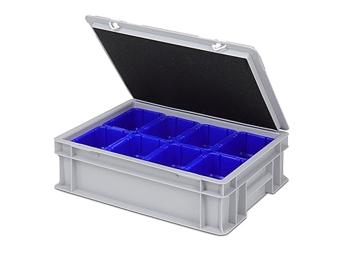 Einsatzkasten Einteilungs-Set für Eurobehälter, Schubladen mit Innenmaß 362x262 mm (LxB), 102 mm hoch, verschiedene Größen/Farben (8er Set inkl. Box + Deckel, blau) von 1a-TopStore
