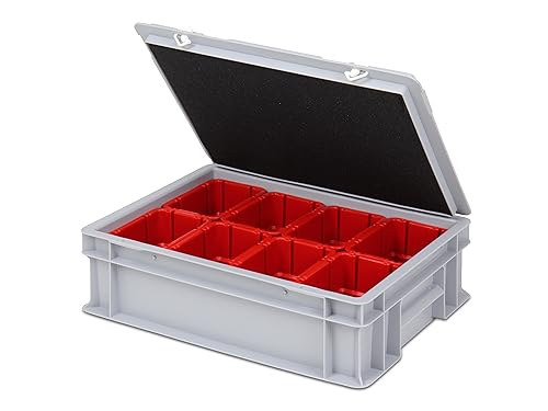 Einsatzkasten Einteilungs-Set für Eurobehälter, Schubladen mit Innenmaß 362x262 mm (LxB), 102 mm hoch, verschiedene Größen/Farben (8er Set inkl. Box + Deckel, rot) von 1a-TopStore