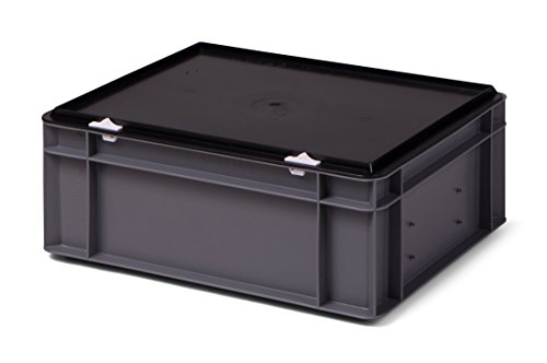Kunststoff-Stapelbox/Lagerbehälter, grau, mit Deckel, 400x300x156 mm (LxBxH), stabile Industrie-Ausführung, Stapelkiste Stapelkasten Aufbewahrungsbox von 1a-TopStore