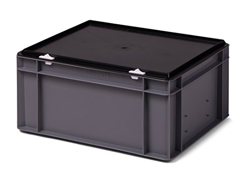 Stapel-Transportkasten grau, mit schwarzem Verschlußdeckel, 400x300x186 mm (LxBxH), 15 Liter, aus Kunststoff (PP) von 1a-TopStore