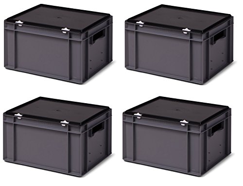 Transport-Stapelboxen-Set (4 St.) /Lagerbehälter, KTK 400/210-0, grau, mit schwarzem Verschluß-Deckel, Abm. 400x300x221 mm (LxBxH) von 1a-TopStore