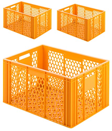 VE (3 Stk.) Gastronomie Stapelkiste Euro-Maß, 600x400x350 mm (LxBxH), Wände und Boden offen, mit Grifföffnungen, lebensmittelecht aus HD-PE (gelb-orange) von 1a-TopStore