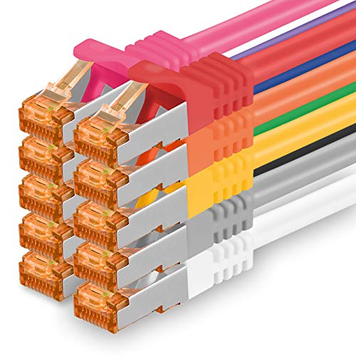 0,25m - Cat.7 Netzwerkkabel 10-Farben - 10 Stück Gigabit Ethernet LAN Kabel 10000 Mbit s Patchkabel Cat7 Kabel S FTP PIMF Schirmung LSZH Cat.7 Rohkabel Rj45 Stecker Cat 6a - 10 x 0,25 Meter von 1aTTack.de