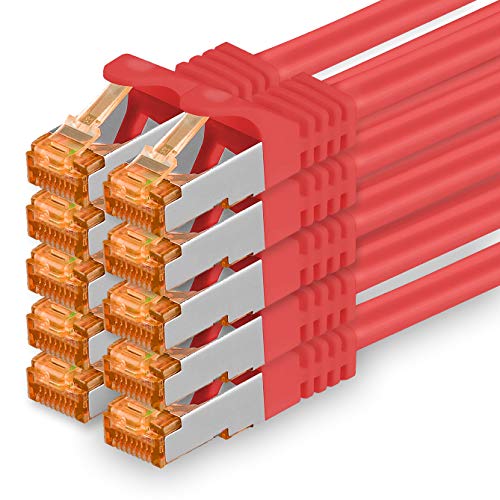 1aTTack.de 0,25m - Cat.7 Netzwerkkabel Rot - 10 Stück Gigabit Ethernet LAN Kabel 10000 Mbit s Patchkabel Cat7 Kabel S FTP PIMF Schirmung LSZH Cat.7 Rohkabel Rj45 Stecker Cat 6a - 10 x 0,25 Meter von 1aTTack.de