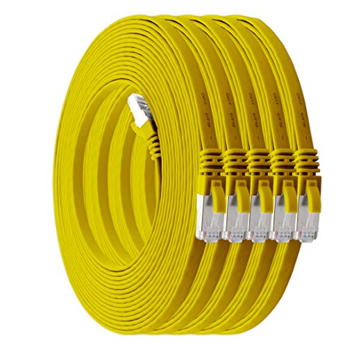 1aTTack.de 0,25m - gelb - 5 Stück Cat7 Flachkabel Netzwerkkabel Cat 7 Rohkabel Gigabit Lan (10Gbit/s) Flachbandkabel Verlegekabel Patchkabel Flach Slim Rj 45 Stecker Cat6a von 1aTTack.de