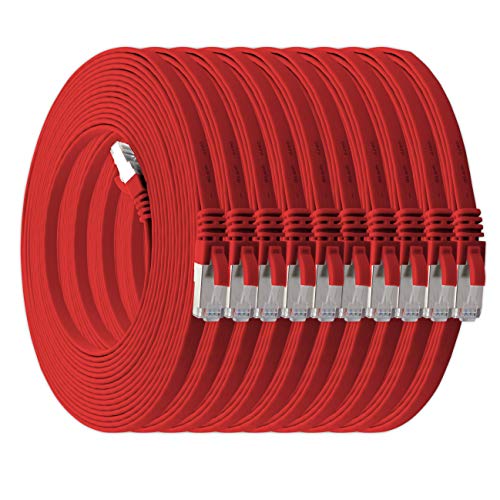 0,5m - rot - 10 Stück Cat7 Flachkabel Netzwerkkabel Cat 7 Rohkabel Gigabit Lan (10Gbit/s) Flachbandkabel Verlegekabel Patchkabel Flach Slim Rj 45 Stecker Cat6a von 1aTTack.de