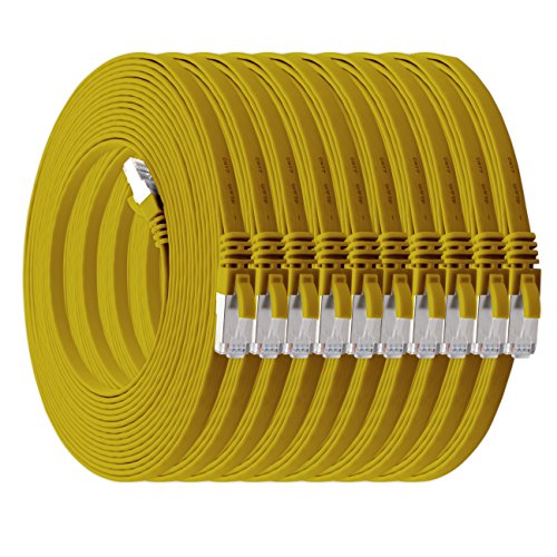 10m - gelb - 10 Stück Cat7 Flachkabel Netzwerkkabel Cat 7 Rohkabel Gigabit Lan (10Gbit/s) Flachbandkabel Verlegekabel Patchkabel Flach Slim Rj 45 Stecker Cat6a von 1aTTack.de