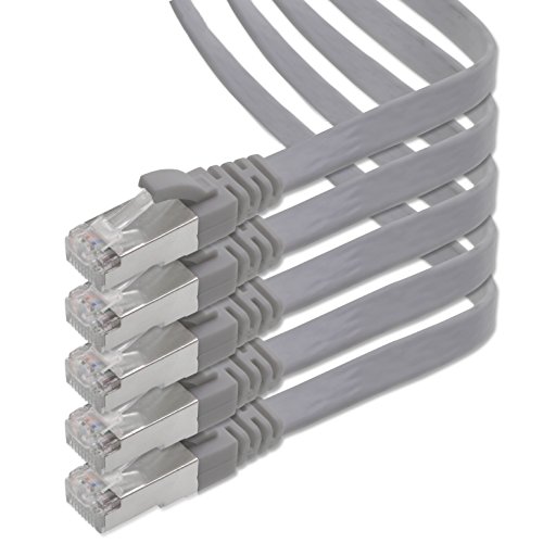 10m - grau - 5 Stück CAT.7 Gigabit Ethernet LAN Flachband Flachbandkabel (RJ45) Netzwerkkabel Rohkabel (10Gbit/s) Verlegekabel Flach Slim kompatibel zu Cat.5 - Cat.5e - Cat.6 von 1aTTack.de