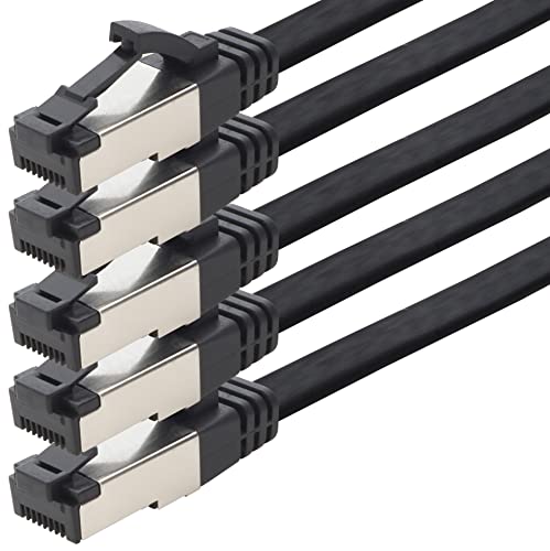 1aTTack.de 7,5m Cat 8 Patchkabel flach schwarz 40 Gigabit Netzwerkkabel Ethernet LAN Kabel 40 Gbits 2000 Mhz Patchkabel Cat8 Kabel LSZH TPE PIMF Rj45 Stecker 5 Stück - 7,5m von 1aTTack.de