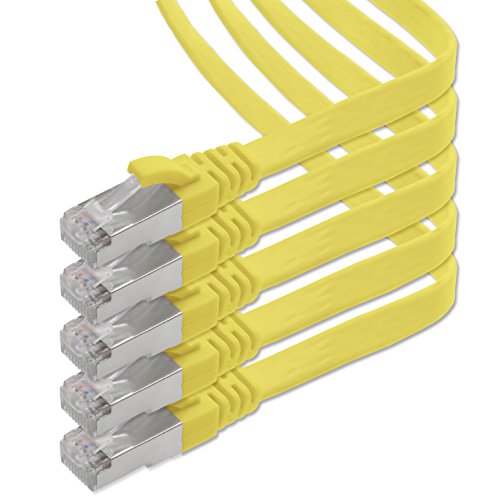 1aTTack.de 7.5m - gelb - 5 Stück CAT.7 Gigabit Ethernet LAN Flachband Flachbandkabel (RJ45) Netzwerkkabel Rohkabel (10Gbit/s) Verlegekabel Flach Slim kompatibel zu Cat.5 - Cat.5e - Cat.6 von 1aTTack.de