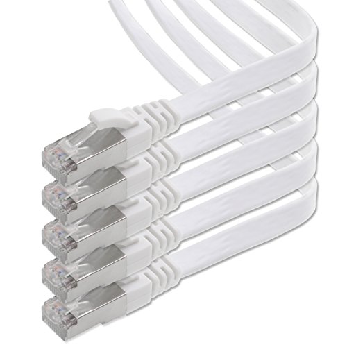 1aTTack.de 1m - weiß - 5 Stück CAT.7 Gigabit Ethernet LAN Flachband Flachbandkabel (RJ45) Netzwerkkabel Rohkabel (10Gbit/s) Verlegekabel Flach Slim kompatibel zu Cat.5 - Cat.5e - Cat.6 von 1aTTack.de