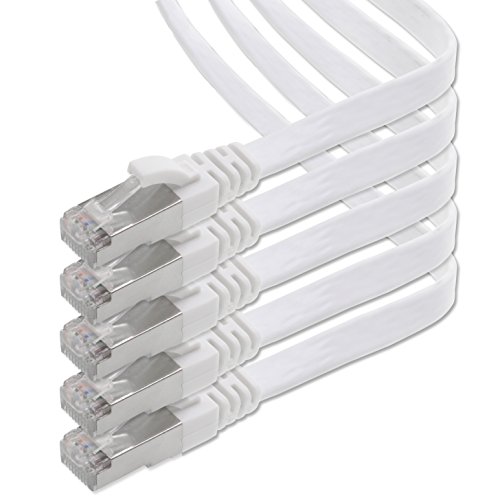 1aTTack.de 3m - weiß - 5 Stück CAT.7 Gigabit Ethernet LAN Flachband Flachbandkabel (RJ45) Netzwerkkabel Rohkabel (10Gbit/s) Verlegekabel Flach Slim kompatibel zu Cat.5 - Cat.5e - Cat.6 von 1aTTack.de