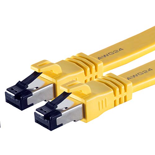 1aTTack.de 5m - Cat8.1 High End Patchkabel flach gelb - 1 Stück 40 Gigabit Netzwerkkabel Ethernet LAN Kabel 40000 Mbits 2000 Mhz Patchkabel Cat8 Kabel LSZH UFTP PIMF Rj45 Stecker - 1 x 5 Meter von 1aTTack.de