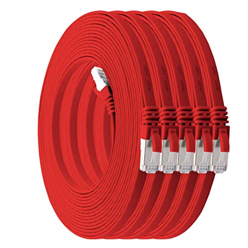 1aTTack.de 5m - rot - 5 Stück Cat7 Flachkabel Netzwerkkabel Cat 7 Rohkabel Gigabit Lan (10Gbit/s) Flachbandkabel Verlegekabel Patchkabel Flach Slim Rj 45 Stecker Cat6a von 1aTTack.de