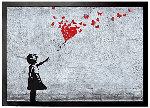 1art1 102664 Mädchen - Mädchen Mit Luftballon Und Schmetterlingen, Banksy-Style Fußmatte Türmatte 70 x 50 cm von 1art1