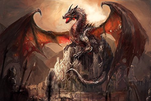 1art1 Drachen Poster EIN Schloss, Erobert Von Einem Drachen Bilder Leinwand-Bild Auf Keilrahmen | XXL-Wandbild Poster Kunstdruck Als Leinwandbild 120x80 cm von 1art1