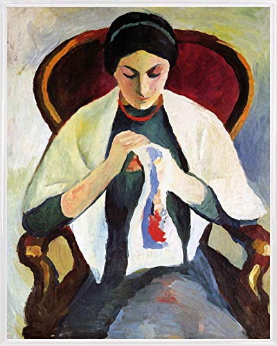 1art1 August Macke Poster Kunstdruck Bild und Kunststoff-Rahmen - Stickende Frau Auf Sessel, Porträt Der Frau des Künstlers, 1909 (50 x 40cm) von 1art1