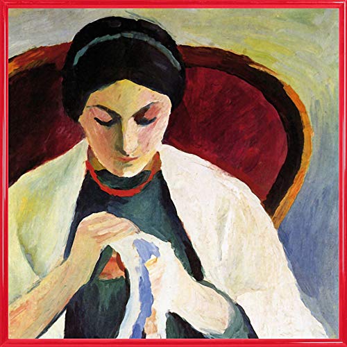 1art1 August Macke Poster Kunstdruck Bild und Kunststoff-Rahmen - Stickende Frau Auf Sessel, Porträt Der Frau des Künstlers, 1909 (40 x 40cm) von 1art1