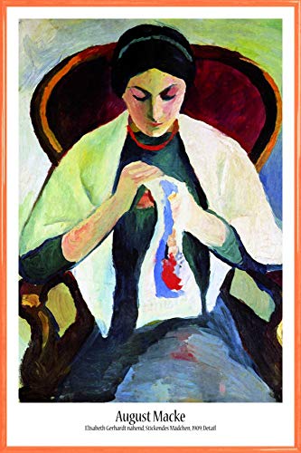1art1 August Macke Poster Plakat | Bild und Kunststoff-Rahmen - Stickende Frau Auf Sessel, Porträt Der Frau des Künstlers, 1909 (91 x 61cm) von 1art1