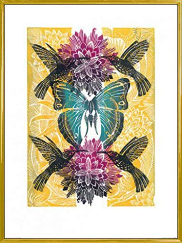 1art1 Blumen Poster Kunstdruck Bild und Kunststoff-Rahmen - Fantasieblume, Vögel Und Schmetterling, Amanda Colville (80 x 60cm) von 1art1