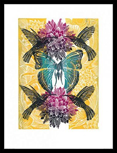 1art1 Blumen Poster Kunstdruck Bild und MDF-Rahmen Schwarz - Fantasieblume, Vögel Und Schmetterling, Amanda Colville (80 x 60cm) von 1art1