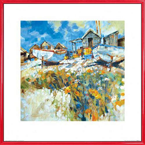 1art1 Boote Poster Kunstdruck Bild und Kunststoff-Rahmen - Strand Mit Gänseblümchen Und Strandhütten, Chris Forsey (40 x 40cm) von 1art1