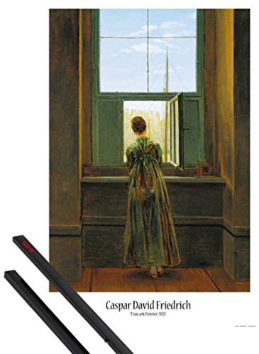 1art1 Caspar David Friedrich Plakat | Bild (91x61 cm) Frau Am Fenster, 1822 + EIN Paar Posterleisten, Schwarz von 1art1