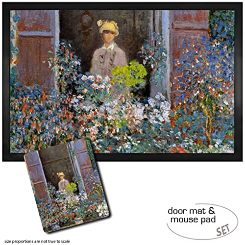 1art1 Claude Monet, Camille Monet Am Fenster, Argenteuil, 1873 Fußmatte Dekomatte Innenbereich | Design Türmatte (60x40 cm) + Mauspad (23x19 cm) Geschenkset von 1art1