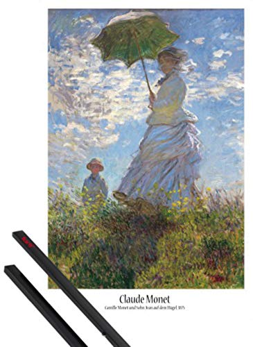 1art1 Claude Monet Plakat | Bild (91x61 cm) Frau Mit Sonnenschirm, Madame Monet Mit Ihrem Sohn, 1875 + EIN Paar Posterleisten, Schwarz von 1art1