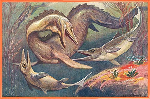 1art1 Dinosaurier Poster Plakat | Bild und Kunststoff-Rahmen - Mosasaurier Und Ichthyosaurier, Heinrich Harder, 1912 (91 x 61cm) von 1art1