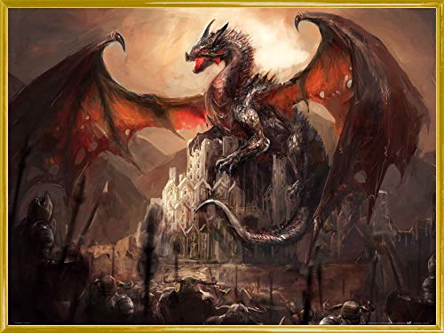 1art1 Drachen Poster Kunstdruck Bild und Kunststoff-Rahmen - EIN Schloss, Erobert Von Einem Drachen (80 x 60cm) von 1art1