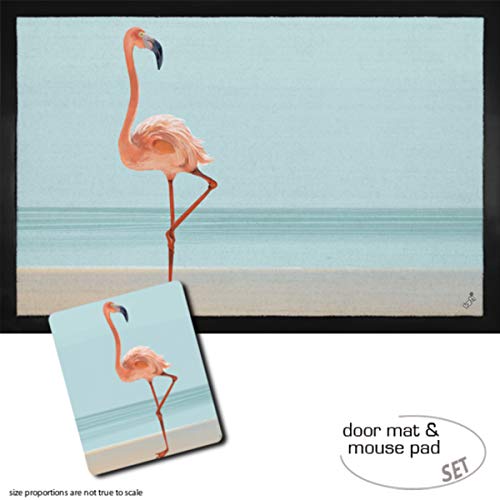 1art1 Flamingos, EIN Schöner Flamingo Fußmatte Dekomatte Innenbereich | Design Türmatte (60x40 cm) + Mauspad (23x19 cm) Geschenkset von 1art1