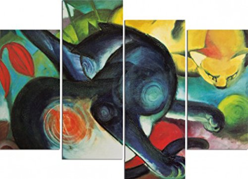 1art1 Franz Marc Poster Zwei Katzen, Blau Und Gelb, 1912, 4-Teilig Bilder Leinwand-Bild Auf Keilrahmen | XXL-Wandbild Poster Kunstdruck Als Leinwandbild 120x80 cm von 1art1