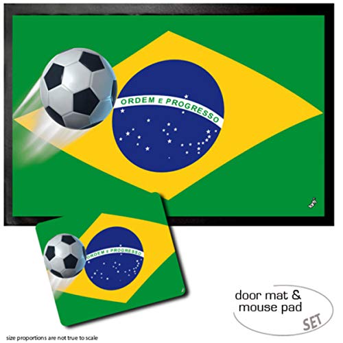 1art1 Fußball, Brasilien Länder-Flagge Fußmatte Dekomatte Innenbereich | Design Türmatte (60x40 cm) + Mauspad (23x19 cm) Geschenkset von 1art1