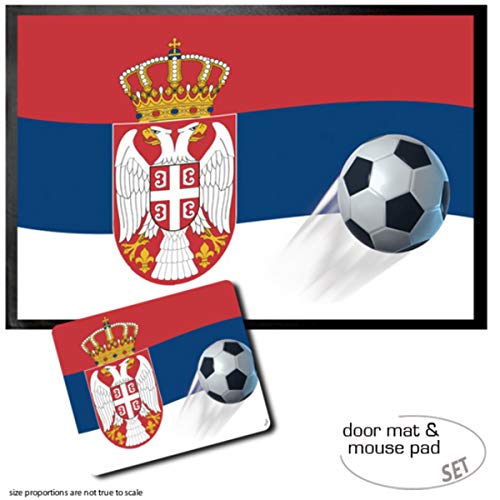 1art1 Fußball, Serbien Länder-Flagge Fußmatte Dekomatte Innenbereich | Design Türmatte (60x40 cm) + Mauspad (23x19 cm) Geschenkset von 1art1