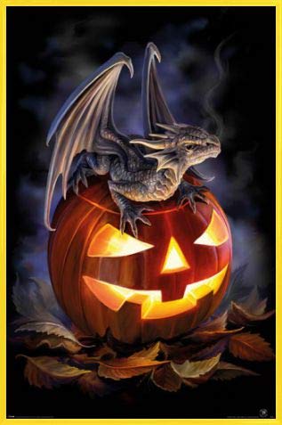 1art1 Halloween Poster Plakat | Bild und Kunststoff-Rahmen - Anne Stokes, Trick Or Treat, Pumpkin and Dragon (91 x 61cm) von 1art1
