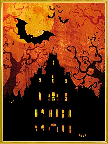 1art1 Halloween Poster Kunstdruck Bild und Kunststoff-Rahmen - Geisterhaus Bei Blutmond (80 x 60cm) von 1art1