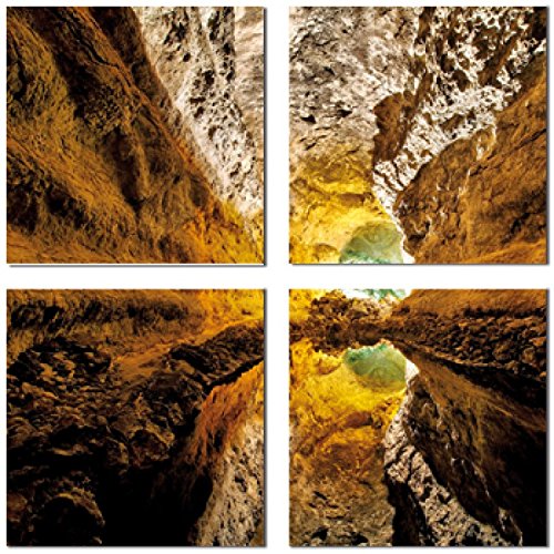 1art1 Höhlen Poster Lava-Grotte In Türkis, Gold Und Ocker Spiegelt Sich Im Wasser, 4-Teilig Bilder Leinwand-Bild Auf Keilrahmen | XXL-Wandbild Poster Kunstdruck Als Leinwandbild 100x100 cm von 1art1