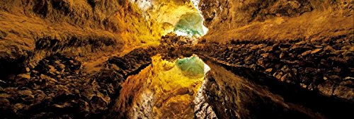 1art1 Höhlen Poster Lava-Grotte In Türkis, Gold Und Ocker Spiegelt Sich Im Wasser Bilder Leinwand-Bild Auf Keilrahmen | XXL-Wandbild Poster Kunstdruck Als Leinwandbild 120x40 cm von 1art1