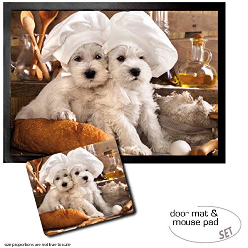 1art1 Hunde, Zwei Zuckersüße Hündchen Fußmatte Dekomatte Innenbereich | Design Türmatte (70x50 cm) + Mauspad (23x19 cm) Geschenkset von 1art1