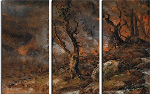 1art1 Johan Christian Dahl Poster Von Feuer Glosender Wald, 1846, 3-Teilig Bilder Leinwand-Bild Auf Keilrahmen | XXL-Wandbild Poster Kunstdruck Als Leinwandbild 180x120 cm von 1art1