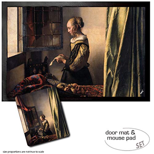 1art1 Johannes Vermeer, Brieflesendes Mädchen Am Offenen Fenster, 1657–1659 Fußmatte Dekomatte Innenbereich | Design Türmatte (60x40 cm) + Mauspad (23x19 cm) Geschenkset von 1art1