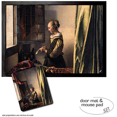1art1 Johannes Vermeer, Brieflesendes Mädchen Am Offenen Fenster, 1657–1659 Fußmatte Dekomatte Innenbereich | Design Türmatte (70x50 cm) + Mauspad (23x19 cm) Geschenkset von 1art1