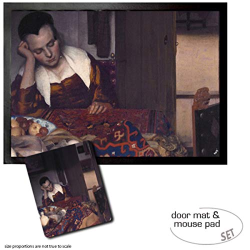 1art1 Johannes Vermeer, Schlafendes Mädchen, 1656-1664 Fußmatte Dekomatte Innenbereich | Design Türmatte (70x50 cm) + Mauspad (23x19 cm) Geschenkset von 1art1