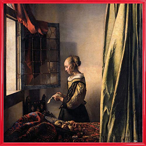 1art1 Johannes Vermeer Poster Kunstdruck Bild und Kunststoff-Rahmen - Brieflesendes Mädchen Am Offenen Fenster, 1657–1659 (40 x 40cm) von 1art1