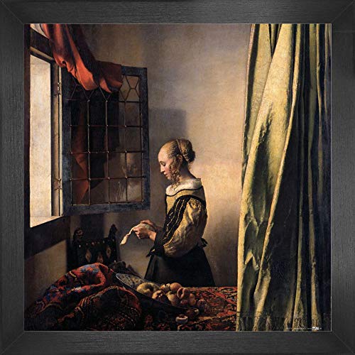 1art1 Johannes Vermeer Poster Kunstdruck Bild und MDF-Rahmen - Brieflesendes Mädchen Am Offenen Fenster, 1657–1659 (40 x 40cm) von 1art1