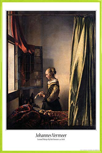 1art1 Johannes Vermeer Poster Plakat | Bild und Kunststoff-Rahmen - Brieflesendes Mädchen Am Offenen Fenster, 1657–1659 (91 x 61cm) von 1art1