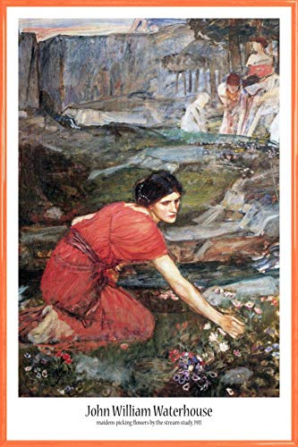 1art1 John William Waterhouse Poster Plakat | Bild und Kunststoff-Rahmen - Blumen Pflückende Mädchen Am Strom, Studie, 1911 (91 x 61cm) von 1art1