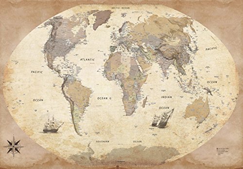 1art1 Karten Weltkarte, Old Style, In Englisch, 3-Teilig Selbstklebende Fototapete Poster-Tapete 360x250 cm von 1art1